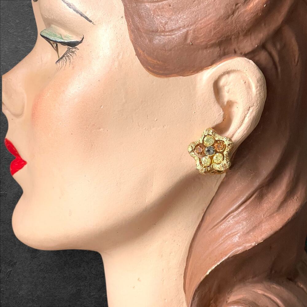 Vintage Coro Crystal Gold Tone Signed Star Flower Earrings Clip Back Brown